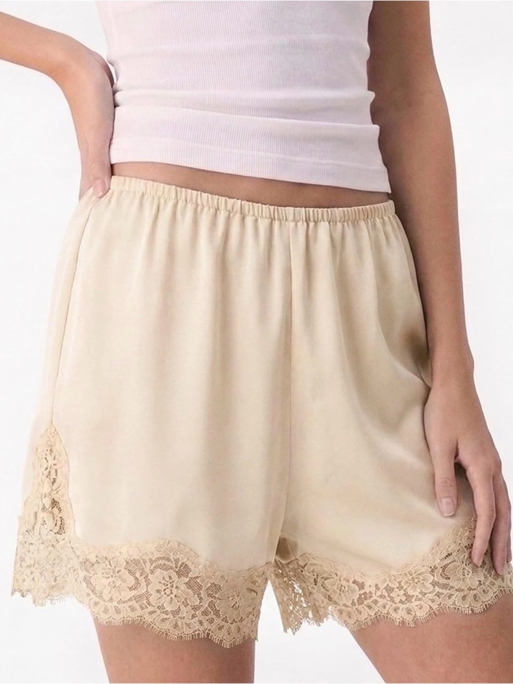 Silk-Look Satin Lace Trim Sleep Shorts - Cream size small